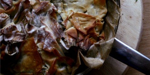 kale, bacon, feta and caramelised onion pie with filo pastry