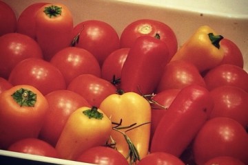 roasting tomatoes and red peppers