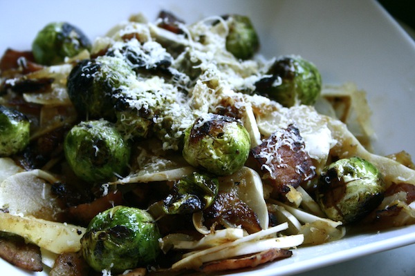 courgette pasta with brussels sprouts and bacon