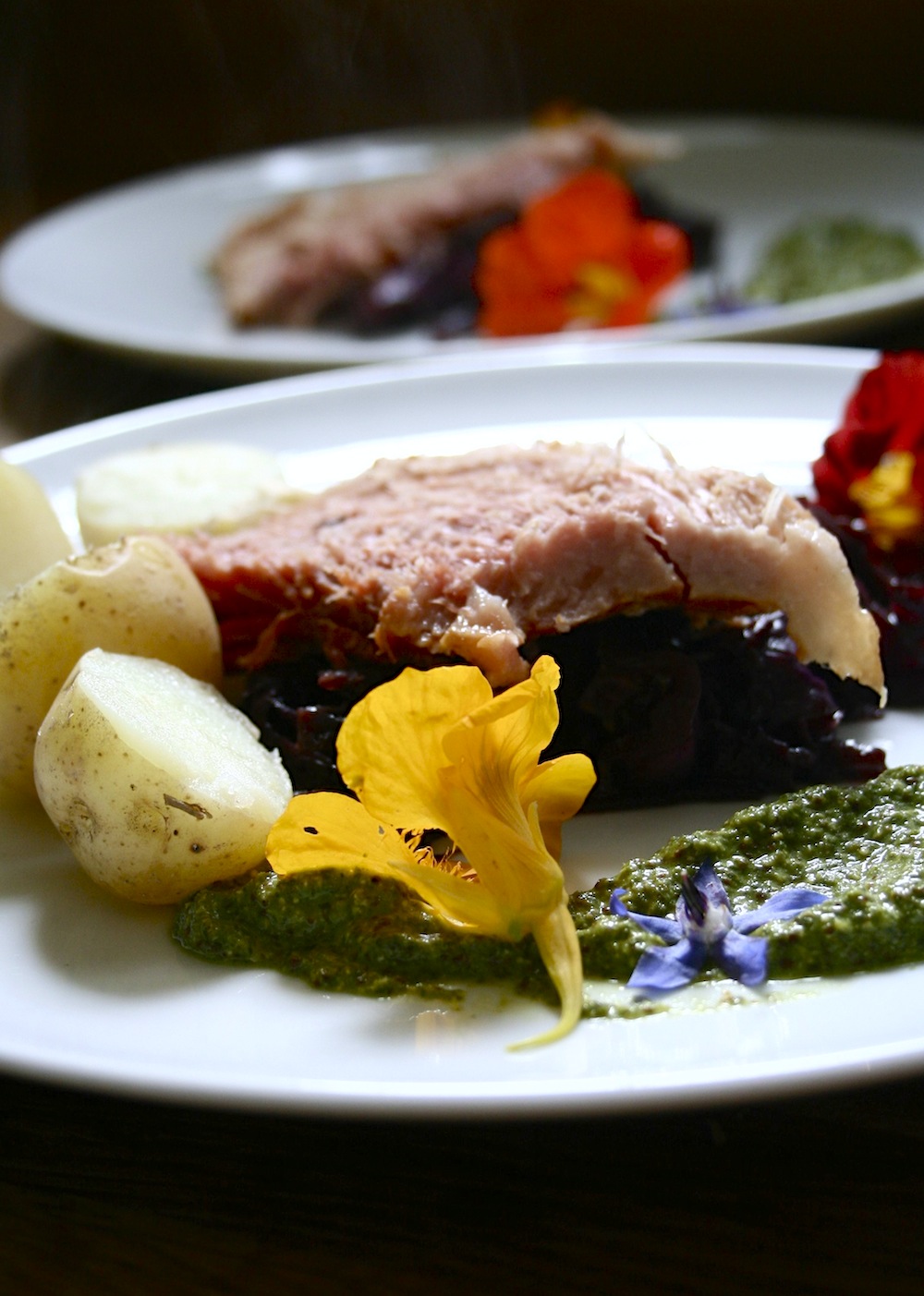 poached gammon with garden garnish
